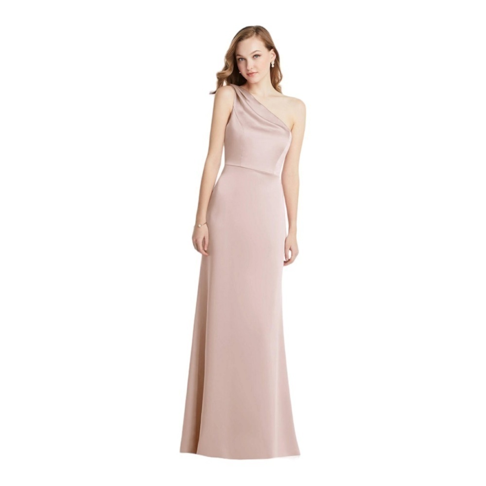 LOVELY Shirred One-Shoulder Satin Trumpet Dress - Maddie in Cameo NWT